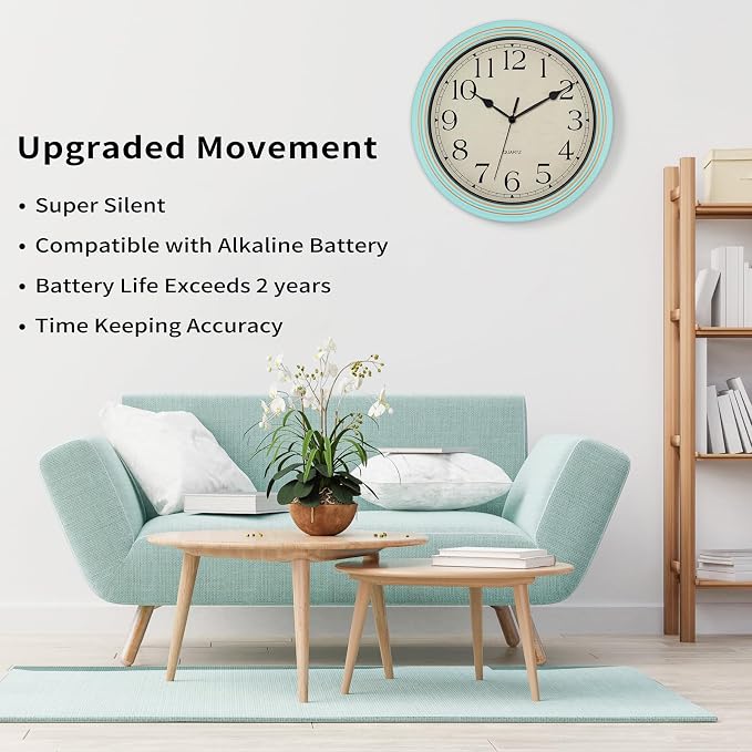 Foxtop 14 Inch Wall Clock Battery Operated Silent Non-Ticking Round Classic Vintage Retro Wall Clock Decorative for Living Room Kitchen Home Office (Light Turquoise)