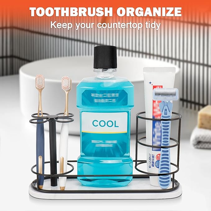 Toothbrush Holder Stand for Bathroom, Metal Toothbrush Organizer with Marble Base, Toothbrush Storage Collection for Family, Suitable for Home Hotel Countertop Vanity (Large, Matte Black)