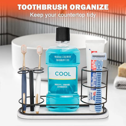 Toothbrush Holder Stand for Bathroom, Metal Toothbrush Organizer with Marble Base, Toothbrush Storage Collection for Family, Suitable for Home Hotel Countertop Vanity (Large, Matte Black)