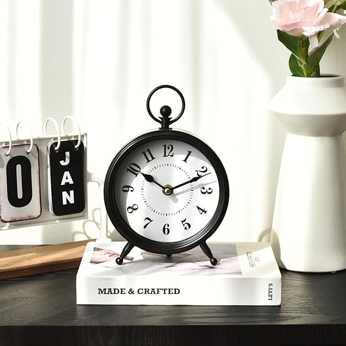 MACVAD Vintage Black Table Clock on Stand, Decorative Desk and Shelf Clock，Decorative Battery Operated Table Top Clock for Living Room，Silent Non-Ticking(Small)