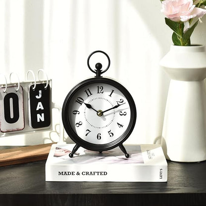 MACVAD Vintage Black Table Clock on Stand, Decorative Desk and Shelf Clock，Decorative Battery Operated Table Top Clock for Living Room，Silent Non-Ticking(Small)