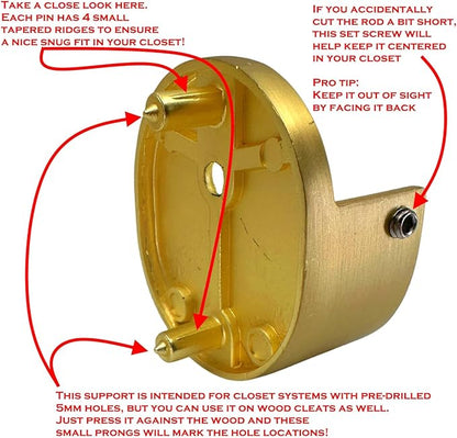 Closet Rod Support Flanges with Rear Pin |Heavy Duty Clothes Pole End Sockets for Wardrobes | Satin Brass | 4 Pair