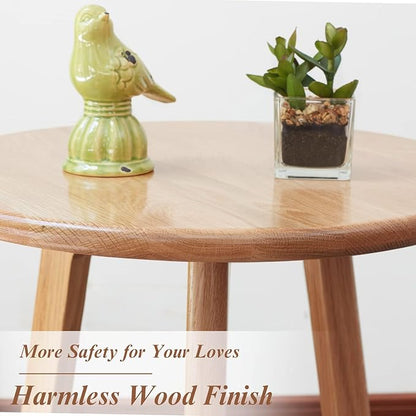 Round Side Table - 100% Natural Solid Oak Wood - 3 Legs Wood End Table for Living Room - Easy Assembly, Elegant Round End Table - Eco-Friendly Painted Small Side Table (Colour: Natural)