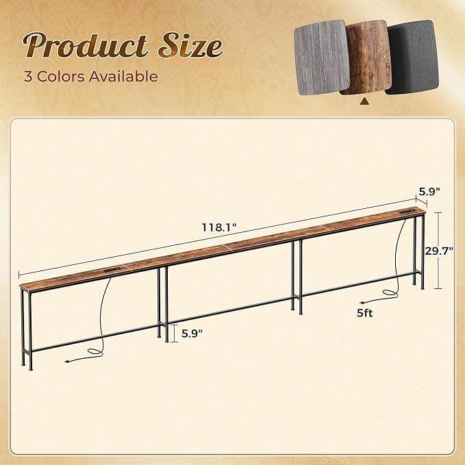 Huuger 118 Inch Sofa Table with Power Outlets and USB-C Ports, 5.9 Inch Narrow Entryway Table, Behind Couch Table with Storage, Extra-Long Console Table, Living Room, Rusitc Brown