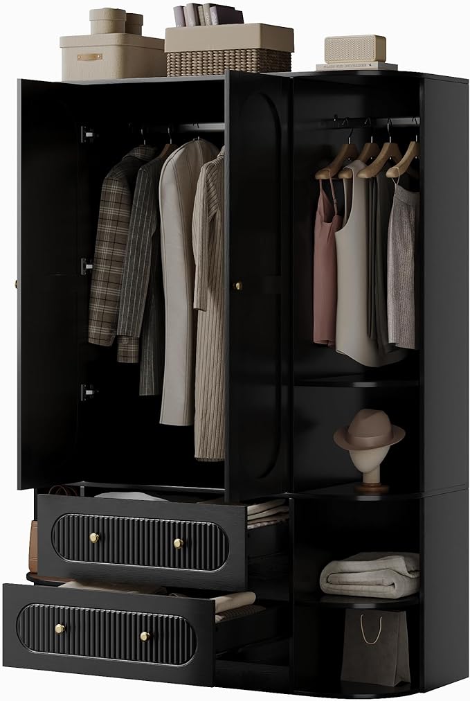 69” Fluted Large Capacity Storage Wardrobe Armoire, Wardrobe Armoire Wooden Closet with 2 Doors, 3 Hanging Rod Shelves, 2 Drawers & 6 Display Shelves, Bedroom Clothing Storage Cabinet Black
