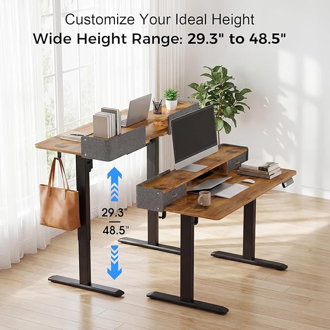Electric Standing Desk with Drawers, 63 Inch Height Adjustable Desk with Power Outlets & LED Lights, Sit Stand Table with Monitor Stand for Home, Office, Rustic Brown