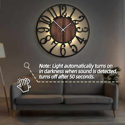 LEIKE Large Wall Clocks with Night Light Battery Operated,Silent Non Ticking,Rustic Modern Big Wood Clock for Living Room, Bedroom,Kitchen,Farmhouse,Office,Home Decor-32 Inch(Black-Arabic Number)