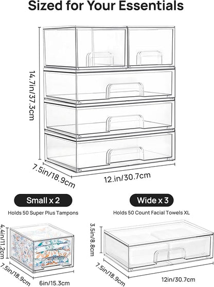 Vtopmart Clear Stackable Storage Drawers Set of 5, Plastic Organizer Bins for Makeup, Cosmetics, Beauty Supplies,Ideal for Vanity, Bathroom,Cabinet,Pantry Organization