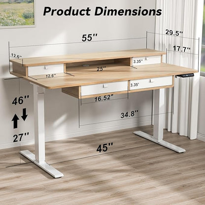 FiCiHi Adjustable Height Standing Desk with 4 Drawers,55 x 30 inches Electric Sit Stand Home Office Desk with Two Tiers, 3 Memory Presets, Monitor Stand Riser, USB A/C Charging Port