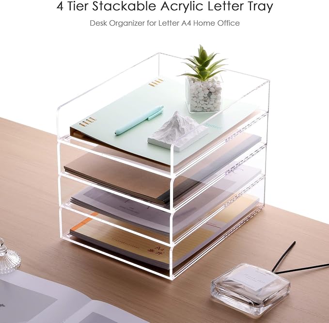 SANRUI 4 Tier Stackable Acrylic Letter Tray, 5mm Thick Clear Desk File Organizer, Document Paper Tray with Stable Bottom Bar for Letter A4 Office Supplies