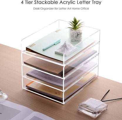 SANRUI 4 Tier Stackable Acrylic Letter Tray, 5mm Thick Clear Desk File Organizer, Document Paper Tray with Stable Bottom Bar for Letter A4 Office Supplies