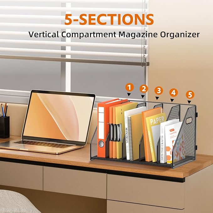 SUPEASY Binder Organizer, Magazine File Holder with 5 Vertical Compartments Rack, Metal Desk File Organizer & Binder Holders, Magazine Organizers for Office Desktop, Home, School, Classroom (Black)