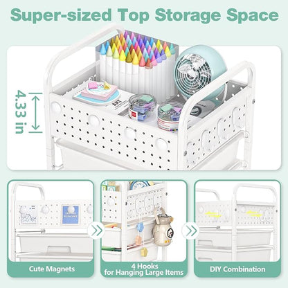 5 Drawer Rolling Storage Cart with Pegboard Top and Hooks, Mobile Utility Organizer with Wheels for Office Supplies, Craft Storage, Classroom Organization, Home Storage Cart, White
