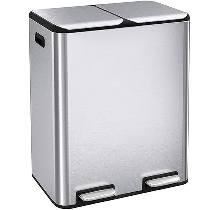ComfyCorner 16 Gal (2 x 30 L) Dual Trash Can, Stainless Steel Kitchen Garbage Bin, Recycle Dustbin with Odor Control Box, Soft-Close Lid, Inner Buckets, Side Handle, Step Pedal, for Home Office
