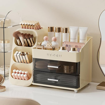 Makeup Organizer for Vanity with Brush Holder, Countertop Skincare Organizer with 2 Drawers, Spacious Cosmetic Display Case for Perfumes, Eyeshadow Palettes, Nail Polishes
