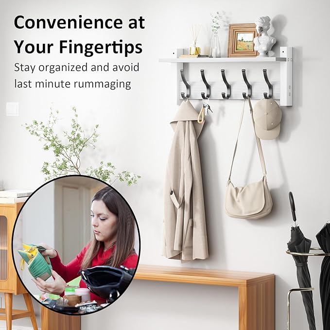 Coat Rack Wall Mount with Shelf, 17.1 Inch Coat Hanger Walls Mounted, Hat Rack for Walls, Shelf with 5 Coat Hooks, Wall Hanger for Entryway (White)