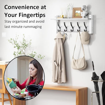 Coat Rack Wall Mount with Shelf, 17.1 Inch Coat Hanger Walls Mounted, Hat Rack for Walls, Shelf with 5 Coat Hooks, Wall Hanger for Entryway (White)