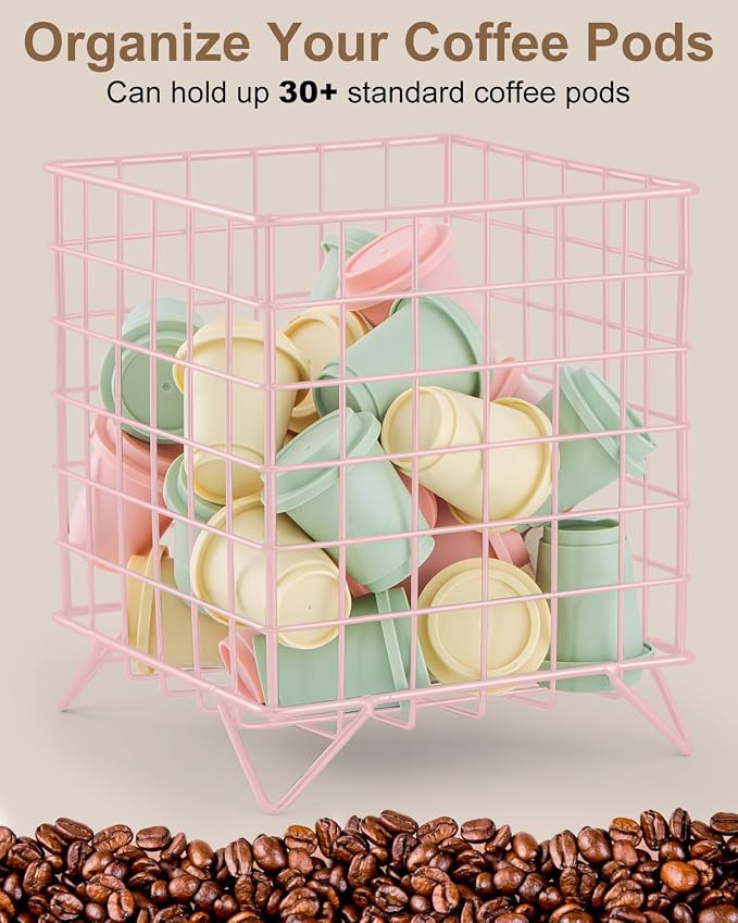 FantasyLife K Cup Holder Organizer, 5.3" x 5.3" x 6.3" Coffee Pod Storage Basket, Coffee Bar Accessories Metal Basket, Large Capacity Countertop Organizer for Kitchen Counter & Office Desktop (Pink)