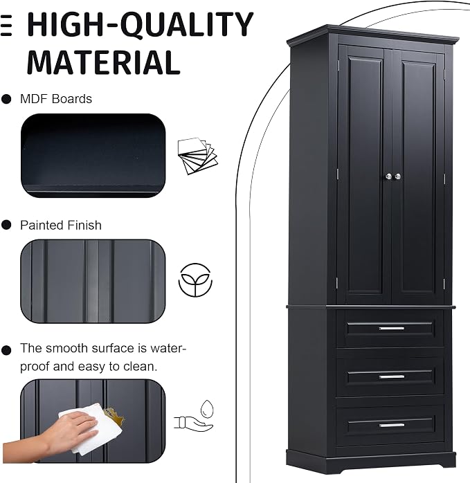 Storage Cabinet, Tall Bathroom Cabinet with Adjustable Shelf | Tall storage cabinet, upper enclosed cabinet and 3 pull-out compartments keep daily essentials organized