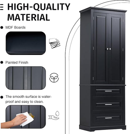 Storage Cabinet, Tall Bathroom Cabinet with Adjustable Shelf | Tall storage cabinet, upper enclosed cabinet and 3 pull-out compartments keep daily essentials organized