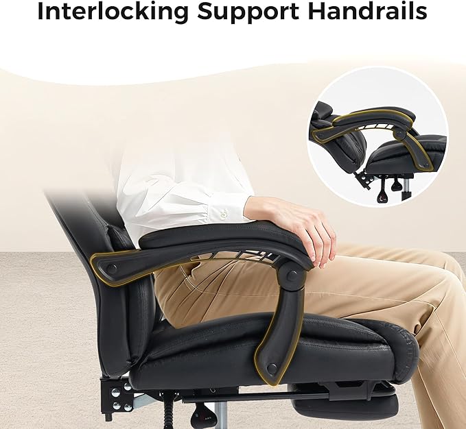 Office Chair, Executive High Back Leather Home Office Desk Chair with Footrest & Lumbar Support - Ergonomic Reclining Comfortable Wide Swivel Rolling Gaming Computer Chair 90-135° Adjustable Tilt Lock