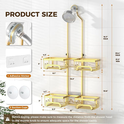 REINHARDT Shower Caddy Hanging for Handheld Showerheads Adjustable Split Shower Caddy, Rustproof Shower Organizer with Hooks for Razors Over the Head Caddy with Soap Holder Bathroom Accessories, Gold