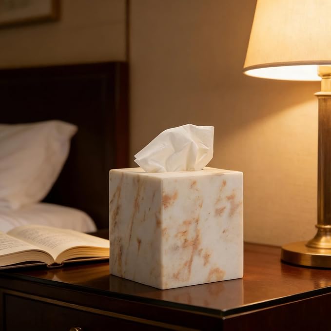 Marble Tissue Box Cover for Bathroom, White with Gold Texture Marble Facial Tissue Holder, Rectangular Toilet Paper Holder Case, Elegant Home Decorative for Vanity, Bedroom, Living Room, Office