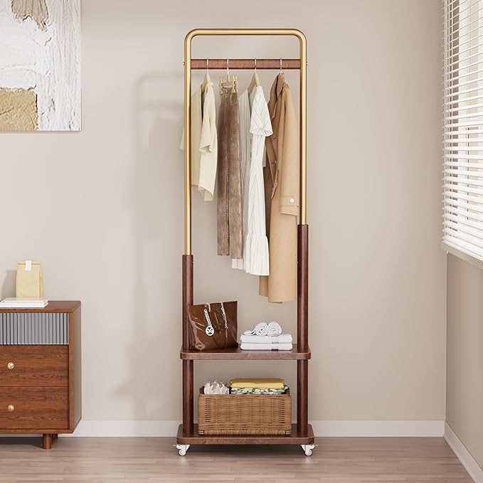 Clothes Rack Solid Wood Coat Rack,With Double Shelf Metal & Wood Clothing Rack Freestanding with Wheels for Hanging Clothes Garment, Entryway Bedroom Storage