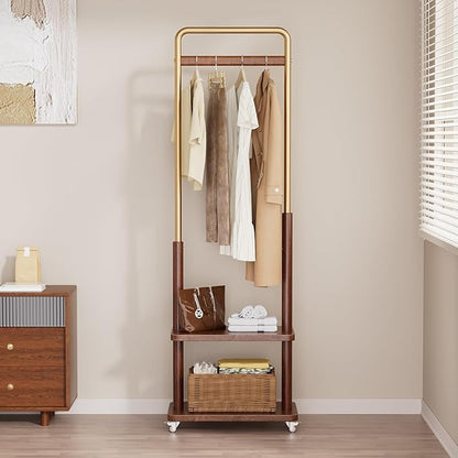 Clothes Rack Solid Wood Coat Rack,With Double Shelf Metal & Wood Clothing Rack Freestanding with Wheels for Hanging Clothes Garment, Entryway Bedroom Storage