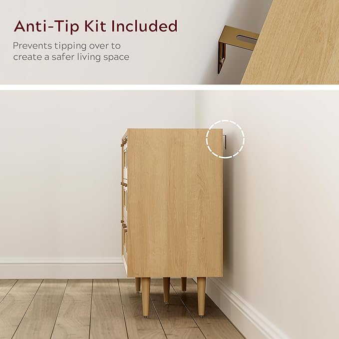 Rattan 6 Drawer Dresser, Modern Closet Dressers of Drawers with Natural Rattan, Boho Dresser Chest, TV Stand of Drawers, Wood Storage Drawer Organizer for Bedroom Living Room Entryway Hallway
