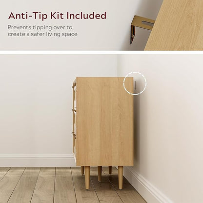 Rattan 6 Drawer Dresser, Modern Closet Dressers of Drawers with Natural Rattan, Boho Dresser Chest, TV Stand of Drawers, Wood Storage Drawer Organizer for Bedroom Living Room Entryway Hallway