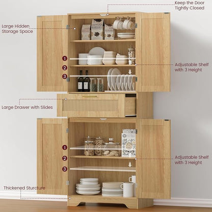Iwell Tall Storage Cabinet with 2 Adjustable Shelves & Large Drawer, Rattan Cabinet with 4 Doors, Pantry Cabinets for Dining Room, Living Room, Home Office, Natural