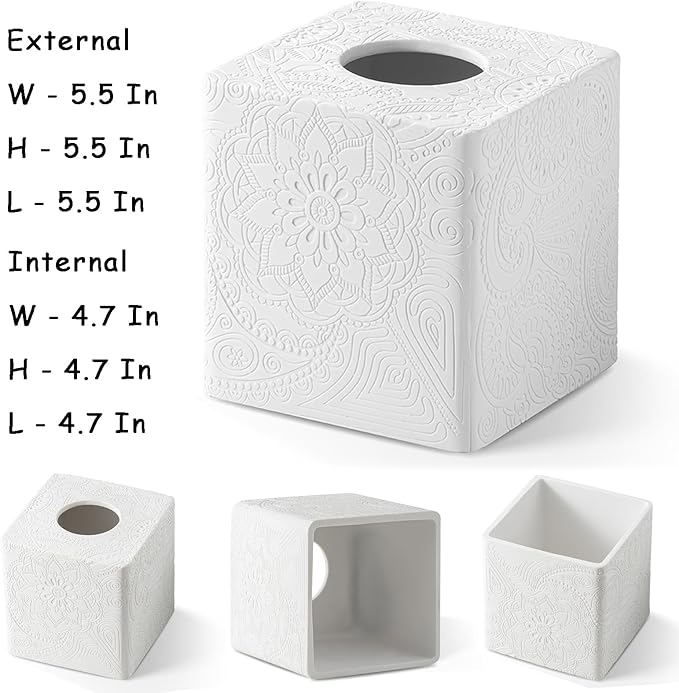 Square Tissue Box Cover Decorative,Napkin Dispenser,Facial Paper Holder for Bathroom Vanity Countertop,Bedroom Dresser,Night Stand, Desk, Office and End Table,Boho Flowers White