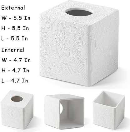 Square Tissue Box Cover Decorative,Napkin Dispenser,Facial Paper Holder for Bathroom Vanity Countertop,Bedroom Dresser,Night Stand, Desk, Office and End Table,Boho Flowers White