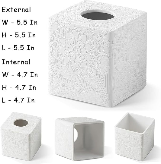 Square Tissue Box Cover Decorative,Napkin Dispenser,Facial Paper Holder for Bathroom Vanity Countertop,Bedroom Dresser,Night Stand, Desk, Office and End Table,Boho Flowers White