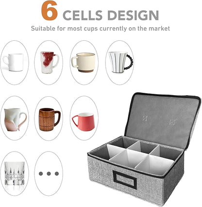 HURZMORO Stemware Storage Cases, Wine Glass Storage Box Containers for Glassware or Crystal, Holds 6 Red or White Glasses, Hard Top and Sides (Grey, Mug and Wine Glass Storage Box, 6 Compartments)