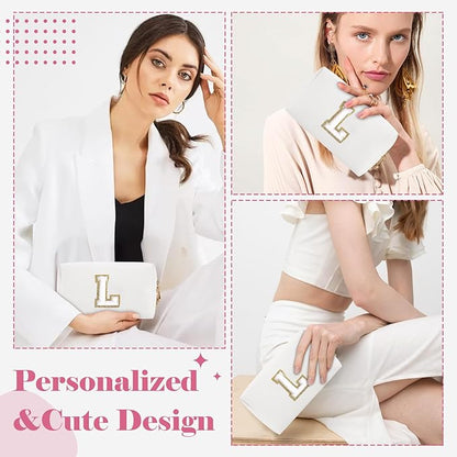 Small Personalized Initial A-Z Preppy Patch Makeup Bag,White PU Chenille Letter Travel Cosmetic Pouch with Zipper,Cute Toiletry Bag,Gift Ideal for Teen Girls Women Teacher Bridesmaid,Letter L