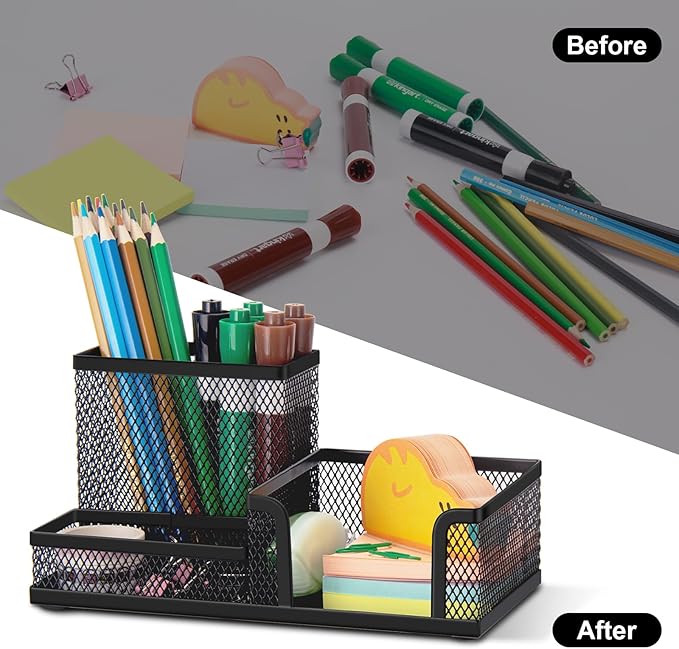 Comix Mesh Pen Pencil Holder Desk Organizer, 3 Compartment Wire Desktop Pen Pencil Cup Caddy Office Supplies Accessories for Home Office School, Black(6 Pack)