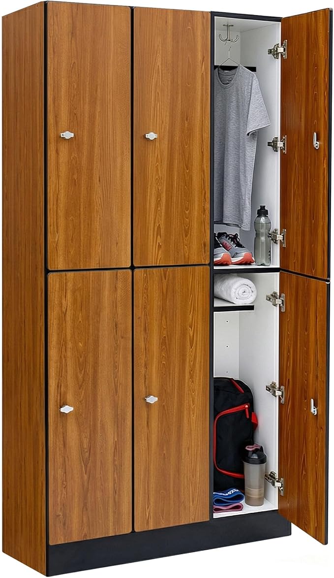 Alpine 6 Door Wooden Locker Cabinet - 72" Expandable Commercial Storage Lockers for Gym, Spa, Office & Golf Club - Includes Metal Base & Lock-Ready Handles, Triple Column 2 Tier - Oak