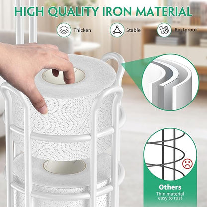 TomCare Toilet Paper Holder Stand with Shelf 4 Raised Feet Upgraded Free Standing Toilet Paper Roll Storage with Tissue Paper Dispenser Metal Bathroom Storage Organization (White)