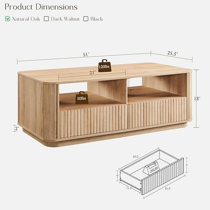 ACCOHOHO 51" Fluted Coffee Table with Storage, Large Modern Center Table with 2 Drawers, Rectangle Wood Coffee Table for Living Room, Natural Oak