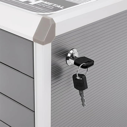 Desk Organizer with 4 Drawers, Metal Desktop Storage Cabinet File Holder with Locks and Keys, Filing Case Literature Organizer for Office Home, L12.4*D13.8*H11.7in, Silver & Grey