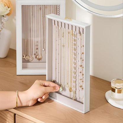 Lolalet Necklace Organizer Box, Jewelry Storage Box with Clear Window for Necklaces Bracelets, Tangle-Free Necklace Display Case for Women Girls, White, 2 Layers 20 Hooks