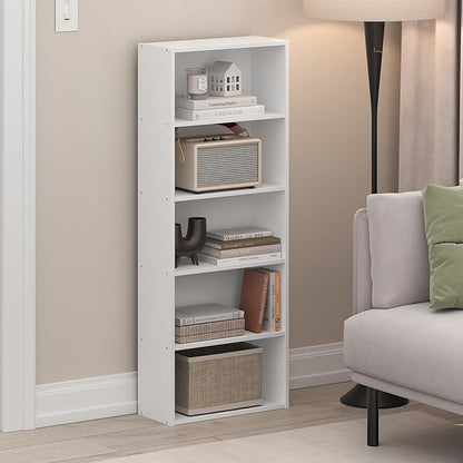 Furinno Basic Book Shelf, 5-Tier Bookshelf, Cube Storage Organizer Bookcase with Open Shelf, 7 x 17 x 44, for Living Room, Bedroom, Home Office, White
