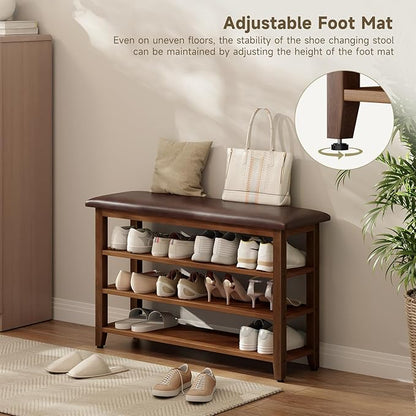 Shoe Bench with Leather Cushion,Wood Bench with Shoe Rack,3-Tier Shoe Storage Organizer for Entryway,Hallway,Living Room (Brown, 3-Tier-39.4")