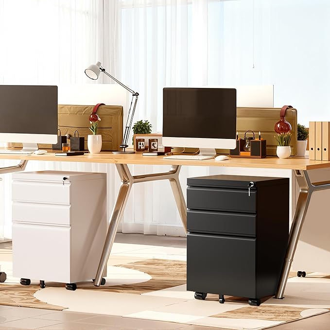 Superday White 3 Drawer Mobile Locking File Cabinet, Metal Rolling Vertical Filing Cabinet with Drawers, Small Under Desk File Cabinets for Office and Home, Fully Assemble