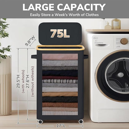 Goodpick Slim Laundry Basket with Wheels and Lid, 75L Rolling Laundry Hamper for Dorm Home Decor, Large Clothes Hamper with Bamboo Frame Removable Bag, Black, 17" x 9.8" x 29.5"