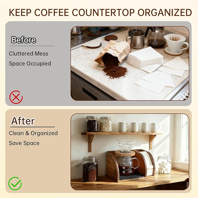 Acacia Wood Coffee Bar Station Organizer Stand, Wooden Pour Over Maker Caddy Storage Organizers, Coffee Filter Holder for Countertop with Heatproof Mat (9.4*7*5.1 inch) Glass Coffee Maker not included