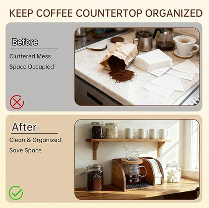 Acacia Wood Coffee Bar Station Organizer Stand, Wooden Pour Over Maker Caddy Storage Organizers, Coffee Filter Holder for Countertop with Heatproof Mat (9.4*7*5.1 inch) Glass Coffee Maker not included