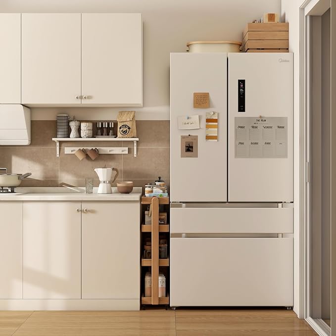 4-Tier Rolling Utility Cart with Lockable Wheels – Solid Oak Mobile Storage Trolley & Shelving Organizer for Kitchen, Living Room(Natural, 7.87" D x 15.75" W x 31.89" H)